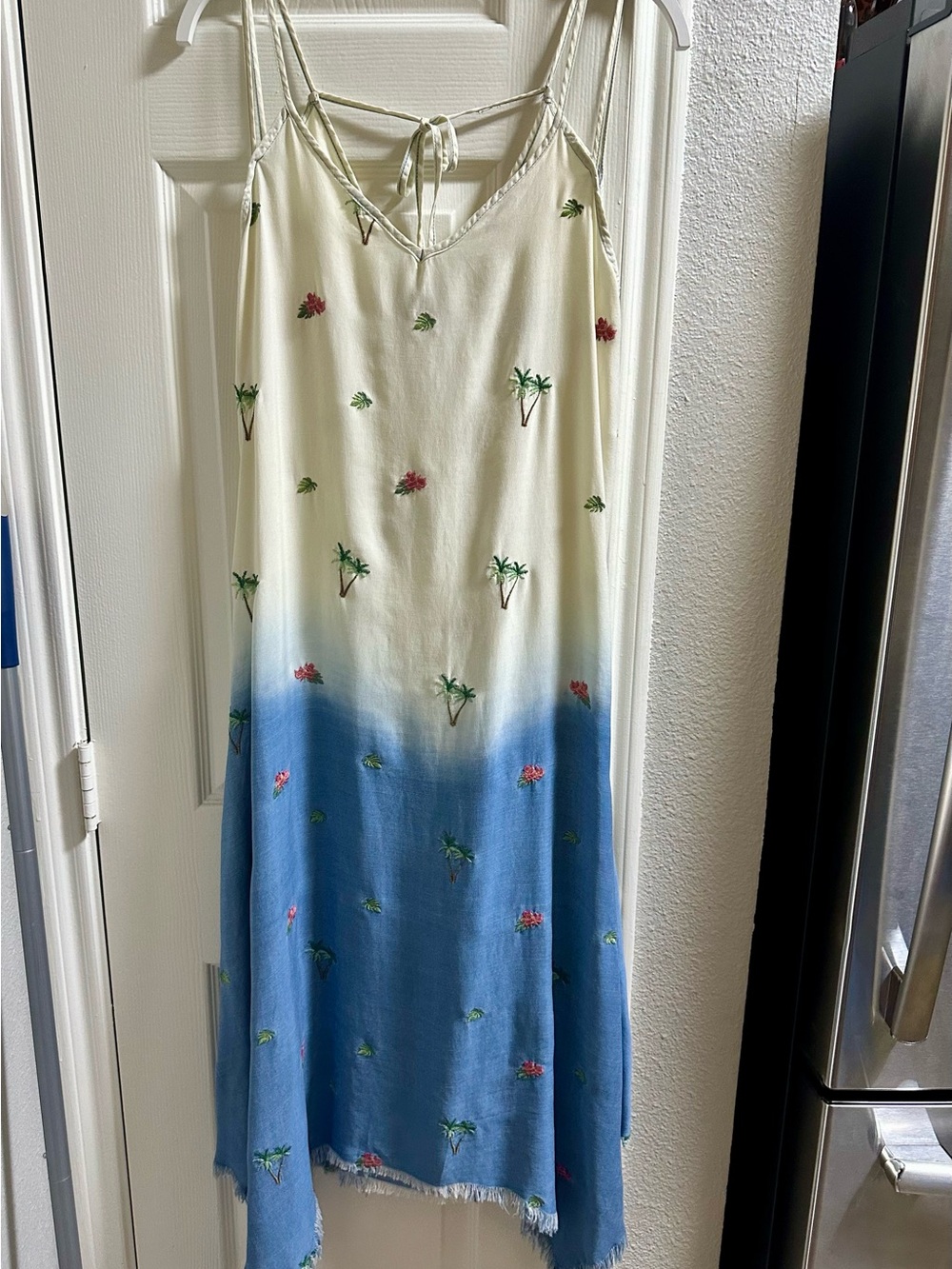 Off White and  Blue Ombre Slip Dress with embroidered Palm Print